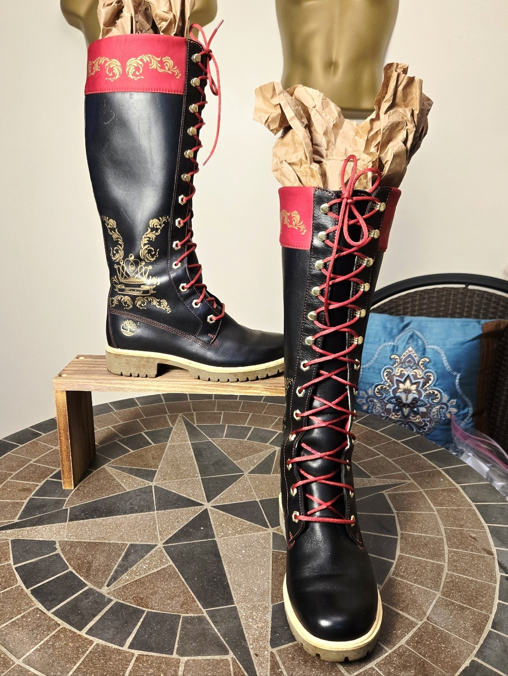 Timberland Lugged Sole Lace-Up Tall Boots Gold Accents - Picture 2 of 13